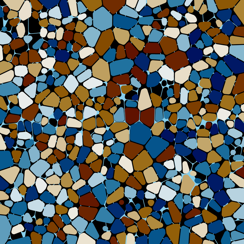 Tiling of smoothed polygons in red, blue, and brown