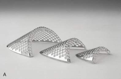 Fig. 94.1, Rim meshes used to close acetabular defects. (A) Three sizes of rim mesh. (B) Two sizes of medial mesh.