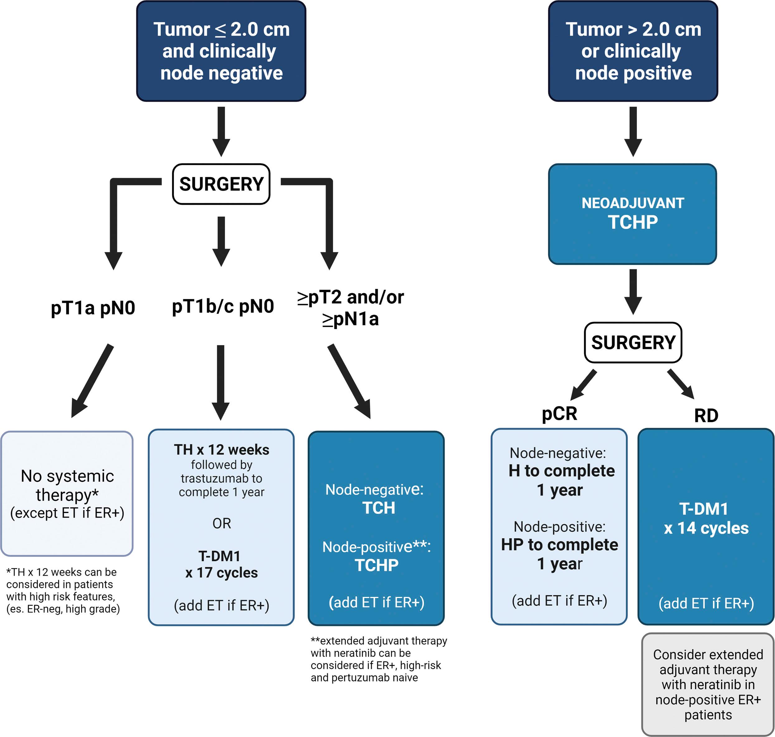 Fig. 53.2, Suggested treatment algorithm for early-stage, human epidermal growth factor receptor 2 (HER2)-positive breast cancer. ER+ , Estrogen receptor–positive; ET , endocrine therapy; H , trastuzumab; HP , trastuzumab plus pertuzumab; pCR , pathologic complete response; pN , pathologic lymph node status; pT , pathologic tumor classification; RD , residual disease; TCH , docetaxel plus carboplatin with trastuzumab; TCHP , taxane (docetaxel or paclitaxel) plus carboplatin with trastuzumab plus pertuzumab; T-DM1 , Ado-trastuzumab emtansine; TH , weekly paclitaxel and trastuzumab.