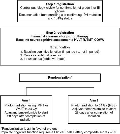 Fig. 9.1, Schema for NRG BN005, a phase II randomized trial of proton versus photon therapy (intensity-modulated radiation therapy; IMRT ) for cognitive preservation in patients with IDH mutant, low- to intermediate-grade gliomas. RBE , Relative biological effectiveness.