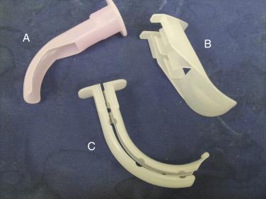 Fig. 14.1, Williams (A), Ovassapian (B), and Split Berman (C) oral airways.