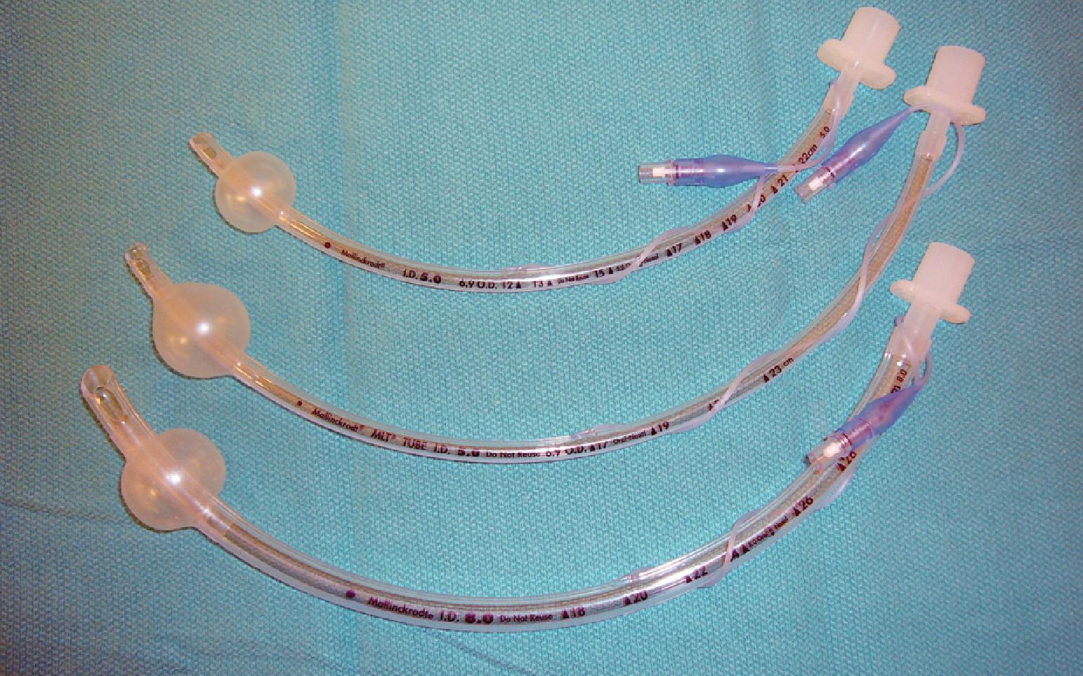 Fig. 38.4, Microlaryngeal tracheal (MLT) tube. A standard endotracheal tube (ETT) with an ID of 5.0 mm (top) is compared with a 5-mm-ID MLT tube (center) and an 8-mm-ID ETT (bottom) . A greater length and bigger cuff diameter of the MLT tube (equivalent to a standard 8.0-mm-ID ETT) allows a sufficient depth of tracheal placement, a connection to the anesthesia circuit, and an adequate seal of the trachea.