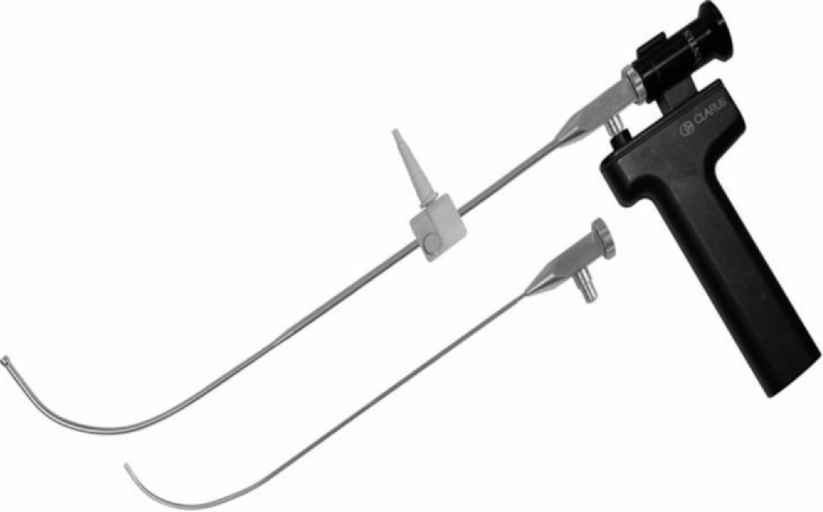 Fig. 36.7, Shikani Seeing Optical Stylet (Clarus Medical, Minneapolis, MN) is a reusable, high-resolution fiberoptic endoscope. The pediatric version is compatible with endotracheal tubes in the range of 3 to 5 mm. Supplemental oxygen can be delivered through the oxygen port. It can be used with the SITElite halogen handle (as shown) or a standard green line fiberoptic laryngoscope handle.