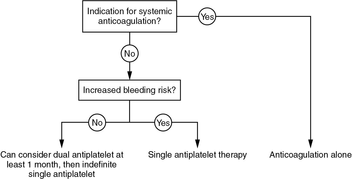 Fig. 15.1, Antithrombotic therapy considerations after TAVI are based on current available evidence (assuming no contraindications to therapeutic options). TAVI , Transcatheter aortic valve implantation.