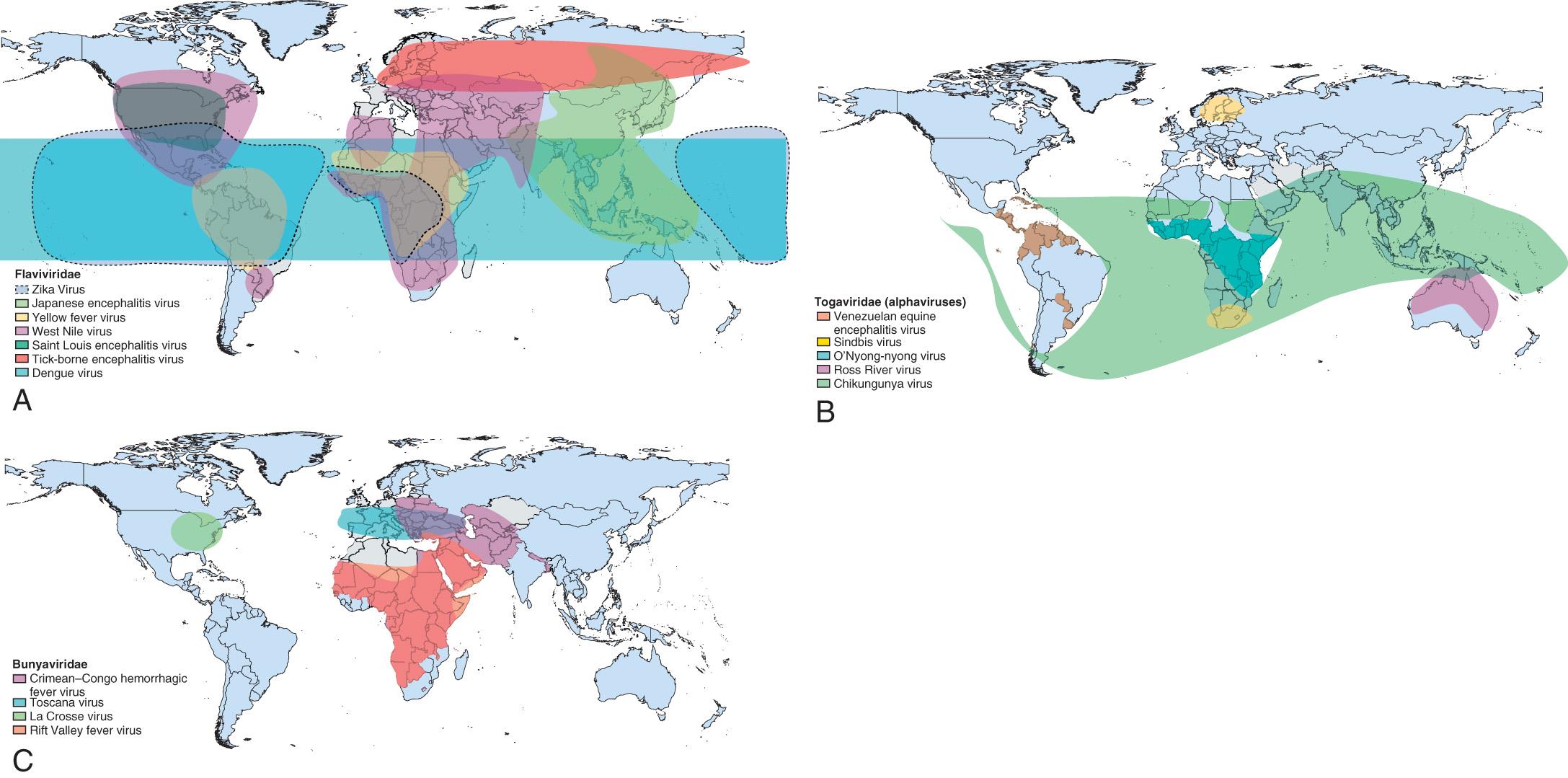 Fig. 294.2, World distribution of major arbovirus infections.