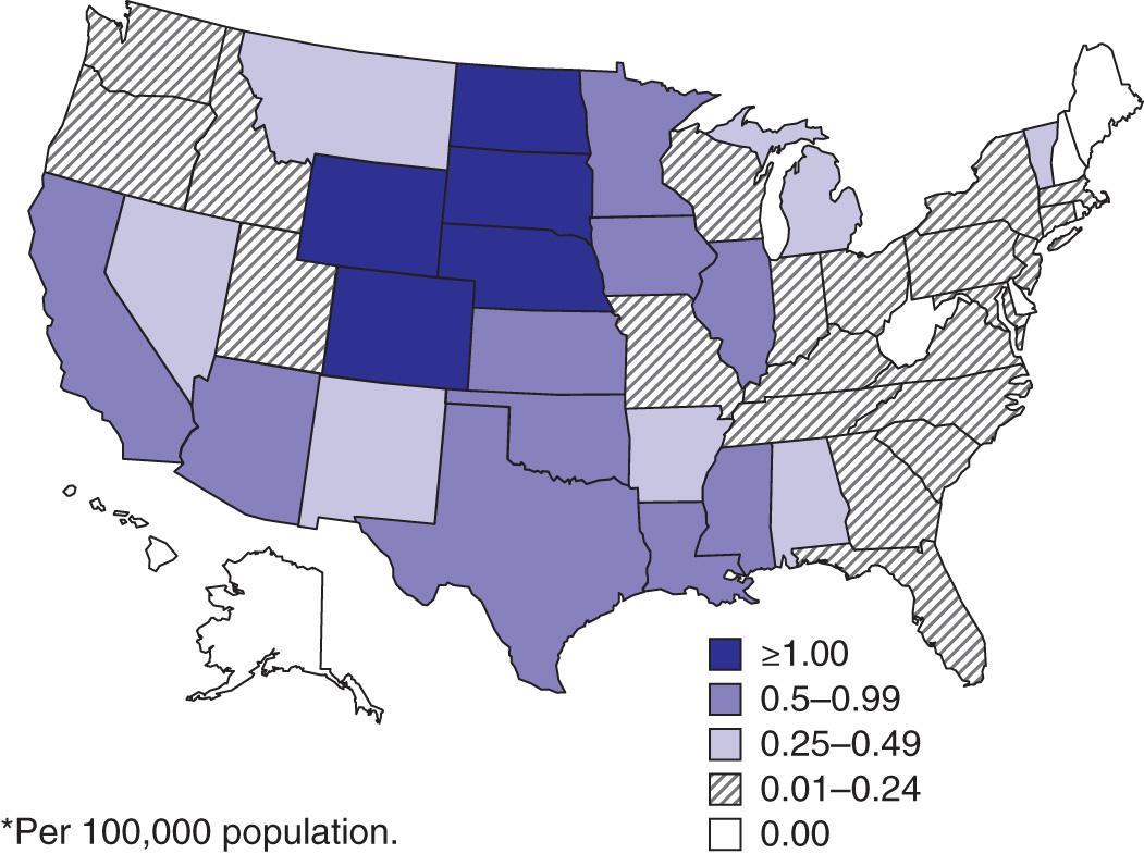 Fig. 294.3, Rate (per 100,000 population) of reported cases of West Nile virus neuroinvasive disease, United States, 2016.