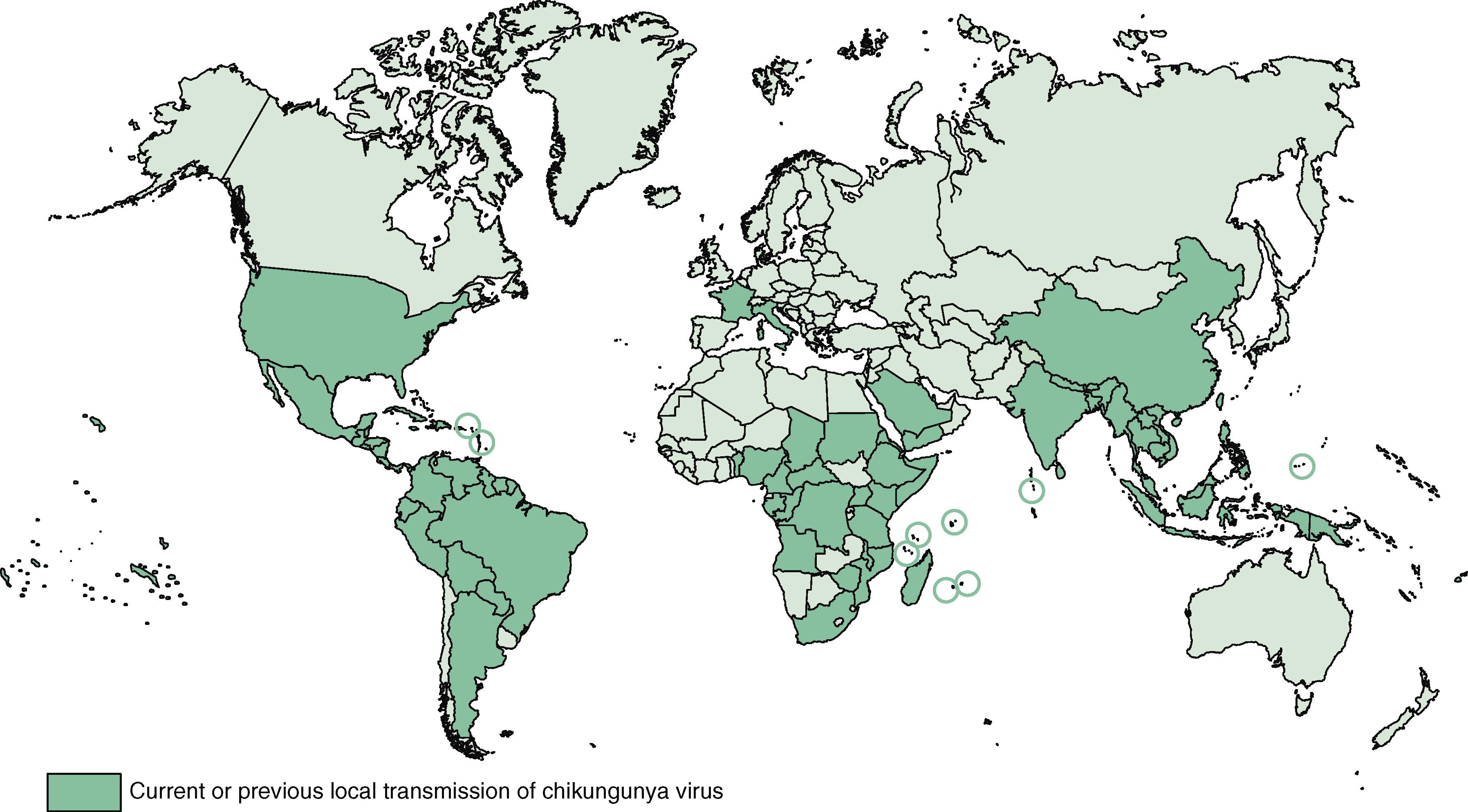 E-FIGURE 352-3, Chikungunya distribution based on past and current epidemics.