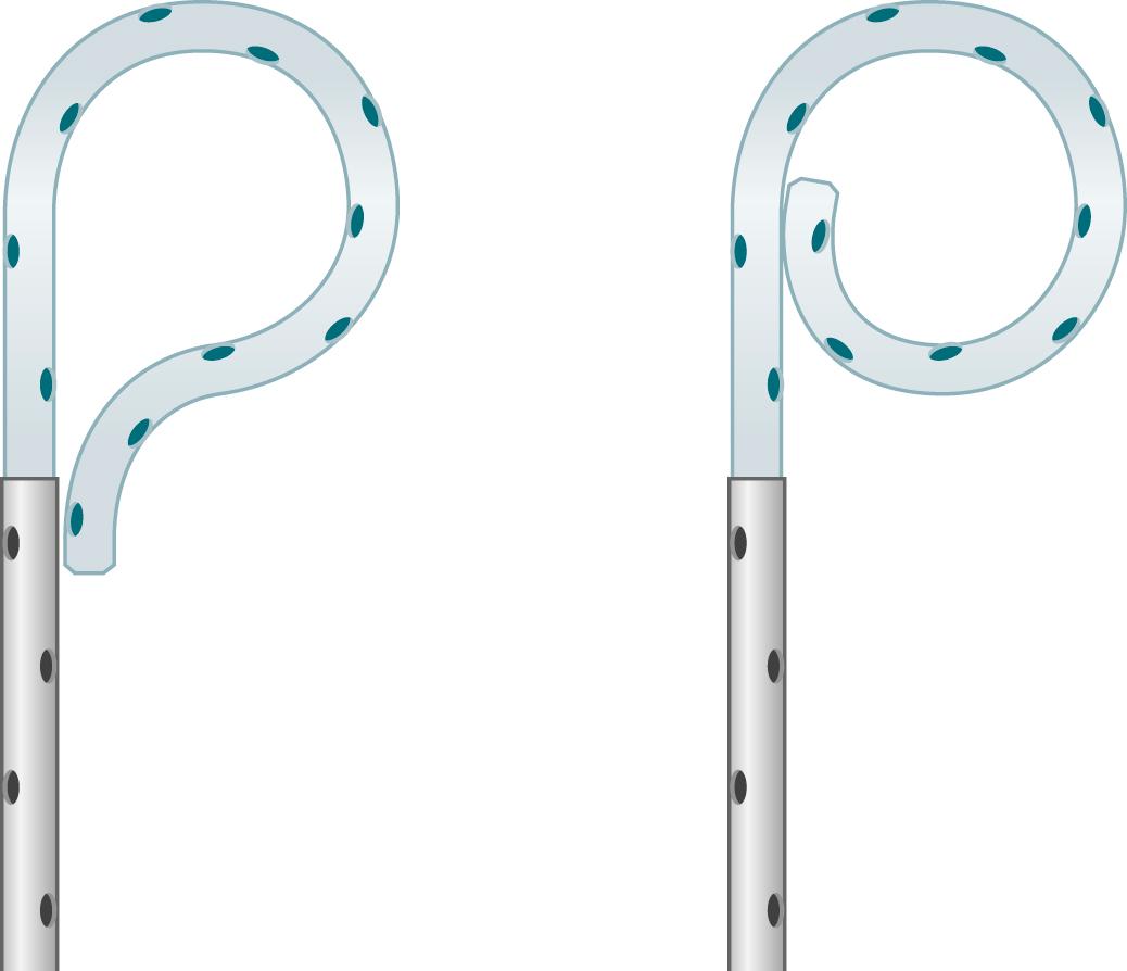 Figure 27.3, Flush catheters in various shapes with multiple side holes, as opposed to end-hole catheters (not pictured), are ideal for power injections.