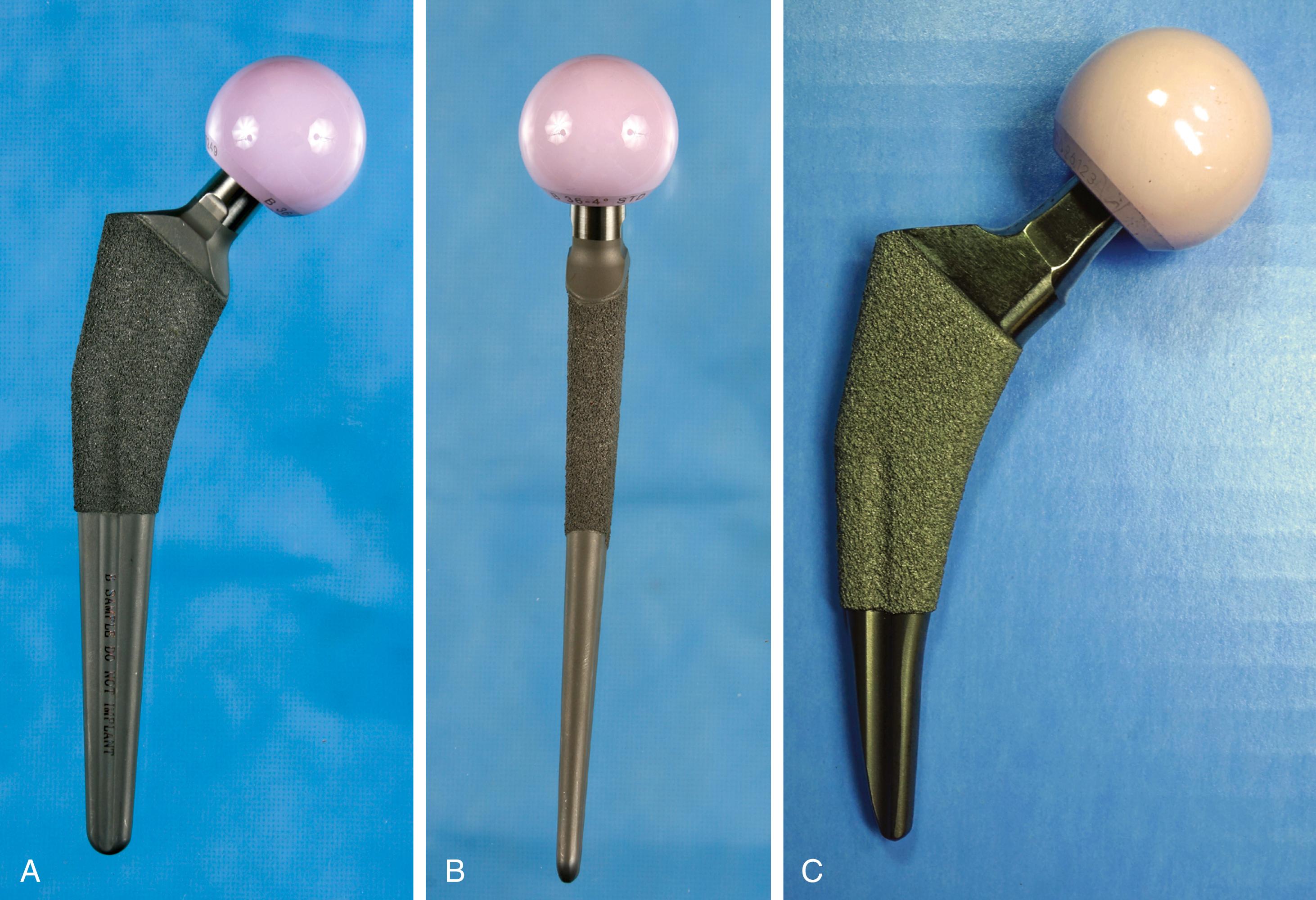 FIGURE 3.21, Taperloc stem. Single wedge design is tapered in medial-lateral plane (A) and flat in anteroposterior plane. B, Plasma-sprayed proximal surface. C, Shortened microplasty version.