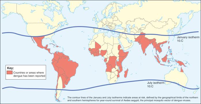 Fig. 1.15, Worldwide distribution of dengue.