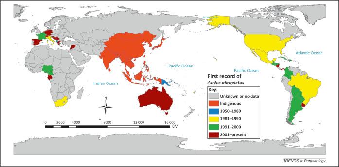 Fig. 1.05, The expanding geographical range of Aedes (Stegomyia) albopictus .