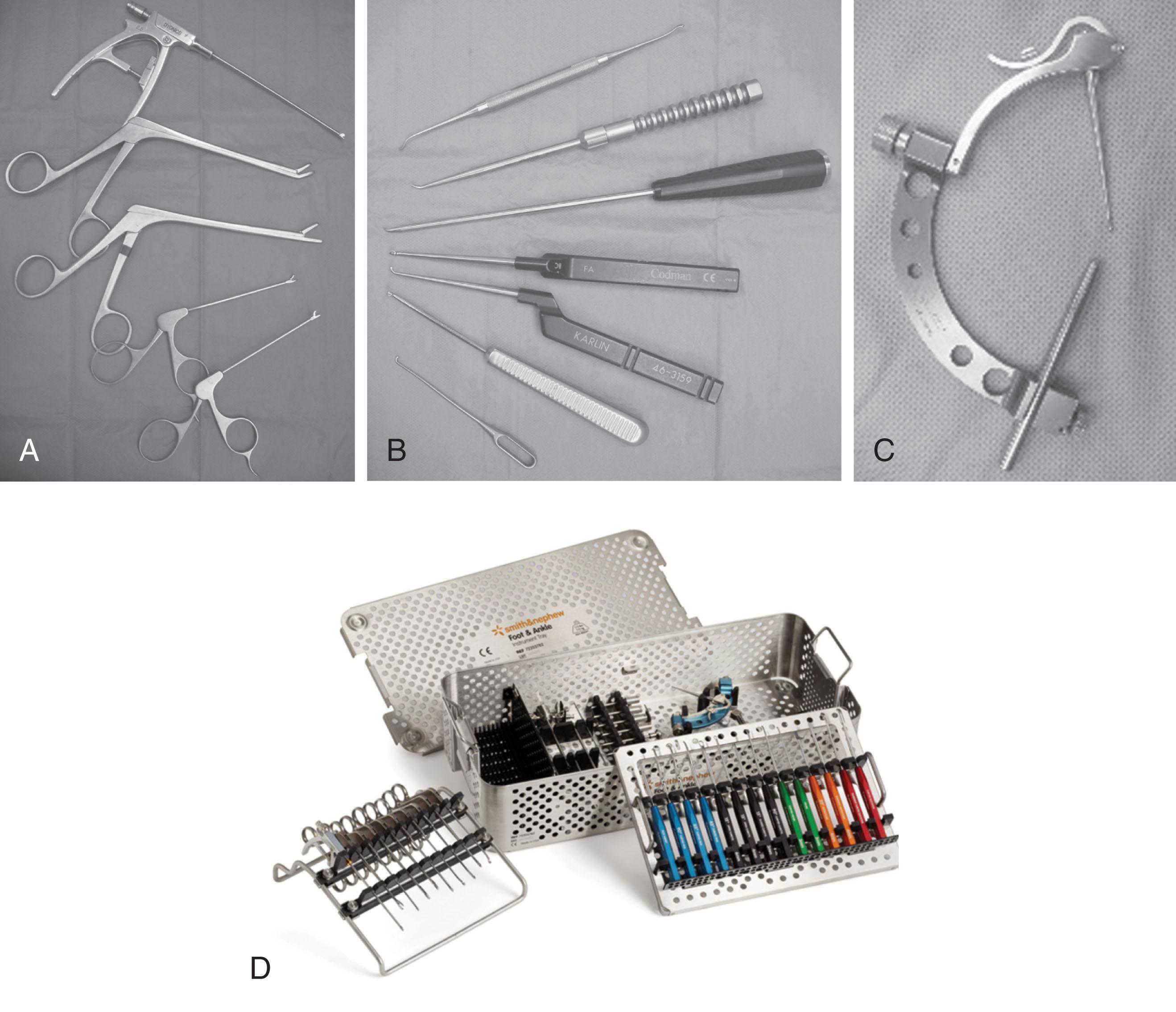 Fig. 39-2, Essential arthroscopy equipment. A , Suction punch, rongeurs, and graspers. B , Freer, microfracture picks, curettes, ringed curettes, and probe. C , Micro Vector drill guide. D , A special small-joint tray has been developed, and all instruments are color coded according to type.