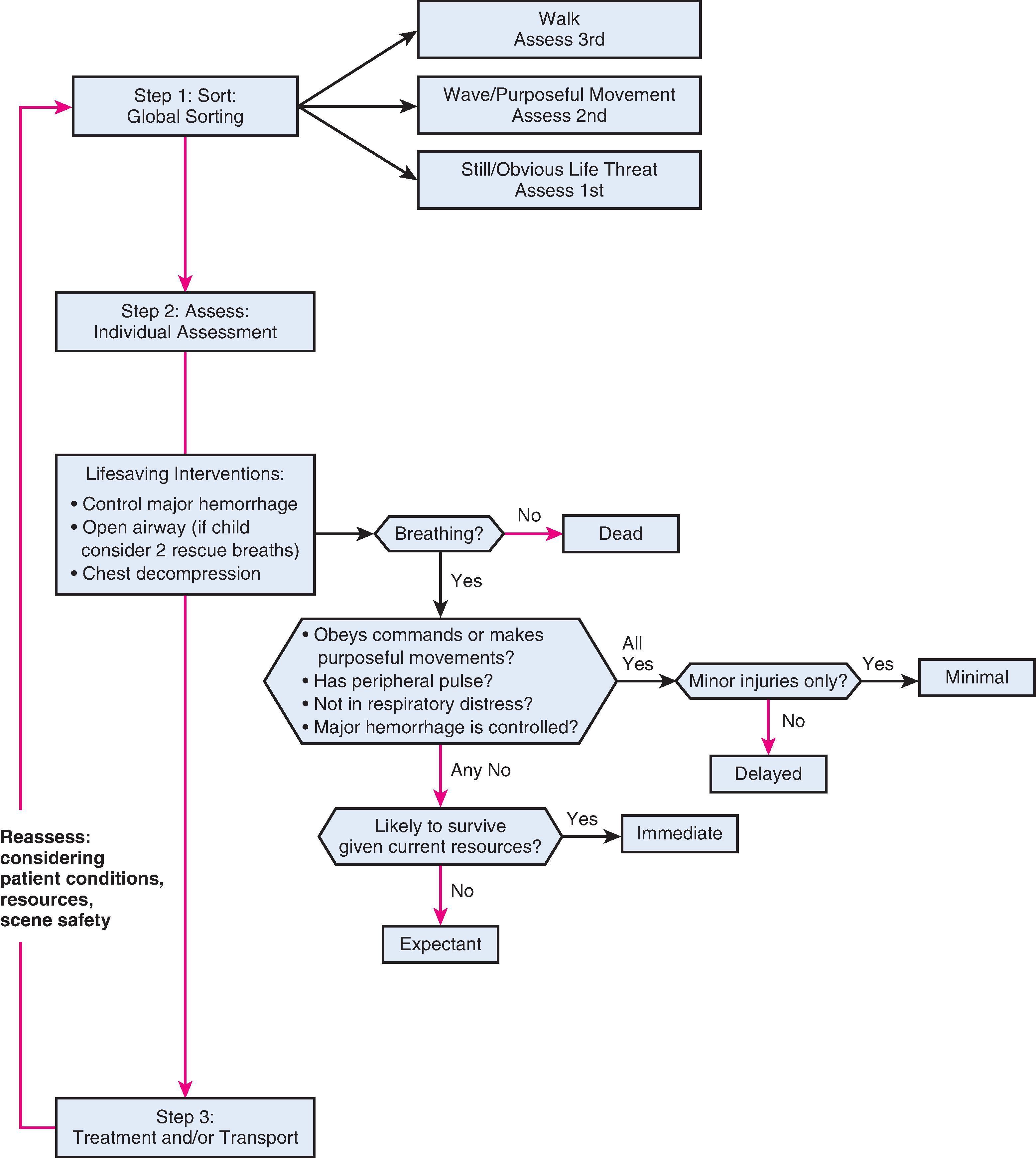 Fig. 33.2, Sort, assess, life-saving interventions, treatment/transport (SALT) triage system. http://www.remm.nlm.gov/salttriage.htm (Adapted from Lerner EB, Cone DC, Weinstein ES, et al. Mass casualty triage: an evaluation of the science and refinement of a national guideline. Disaster Med Public Health Prep. 2011;5(2):129-137.)