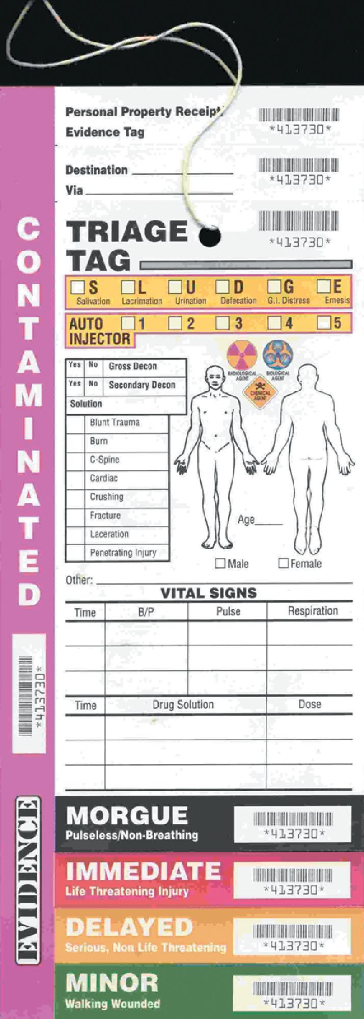 Fig. 33.3, Example of a triage tag. (Courtesy Disaster Management Systems, Inc., Pomona, CA.)