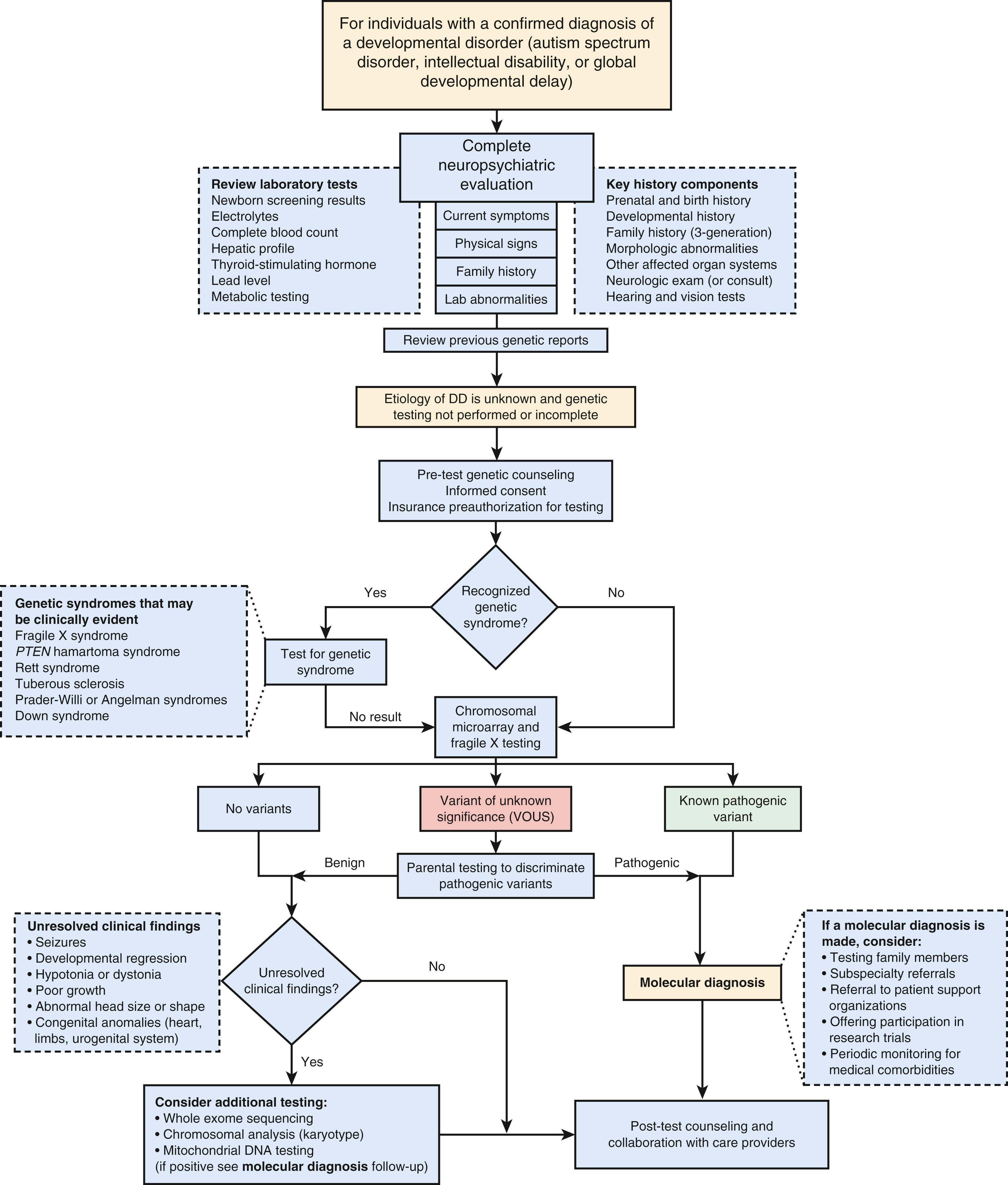 Fig. 32.2, Diagnostic genetic testing algorithm for youth with developmental disorders. JAACAP-D-17-00189. DD, development disorder.