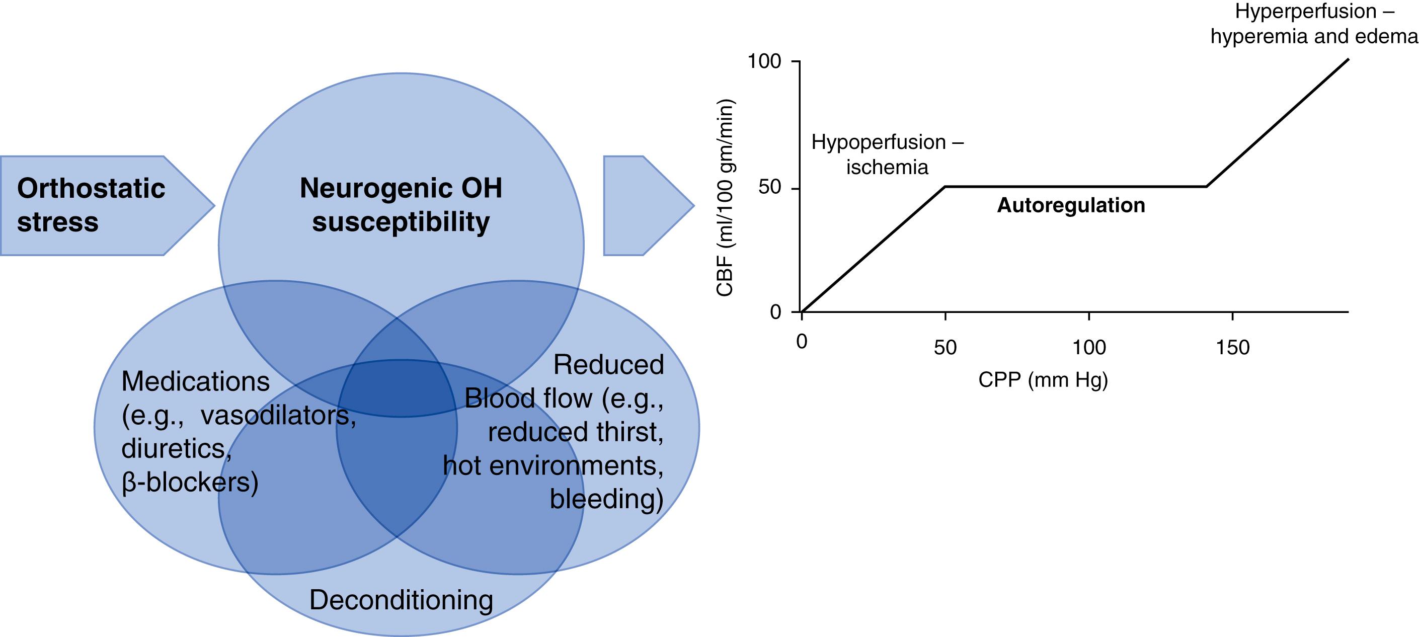 Fig. 67.2, Factors (autonomic nervous system, external, and iatrogenic) affecting susceptibility to orthostatic hypotension (OH).