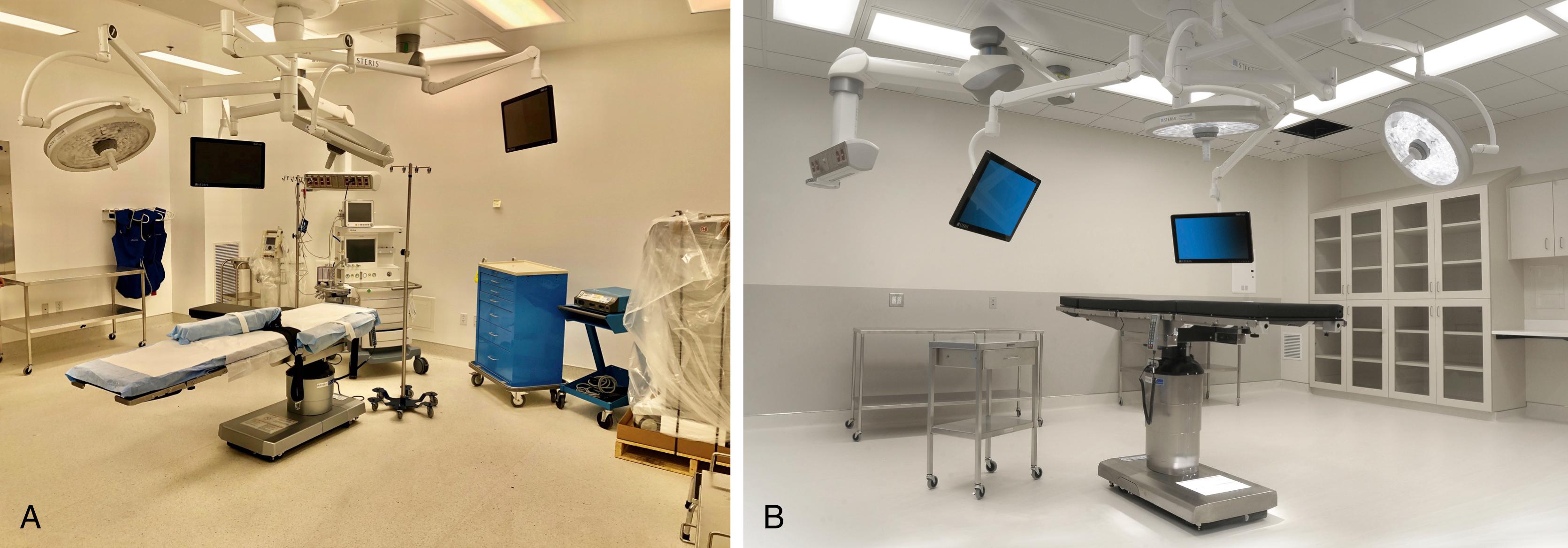Fig. 4.2, Operating rooms (ORs) in a typical ambulatory surgery center. A, An OR 530 square feet, with two booms. B, An OR 550 square feet with two booms as well as built-in cabinets and workspace.