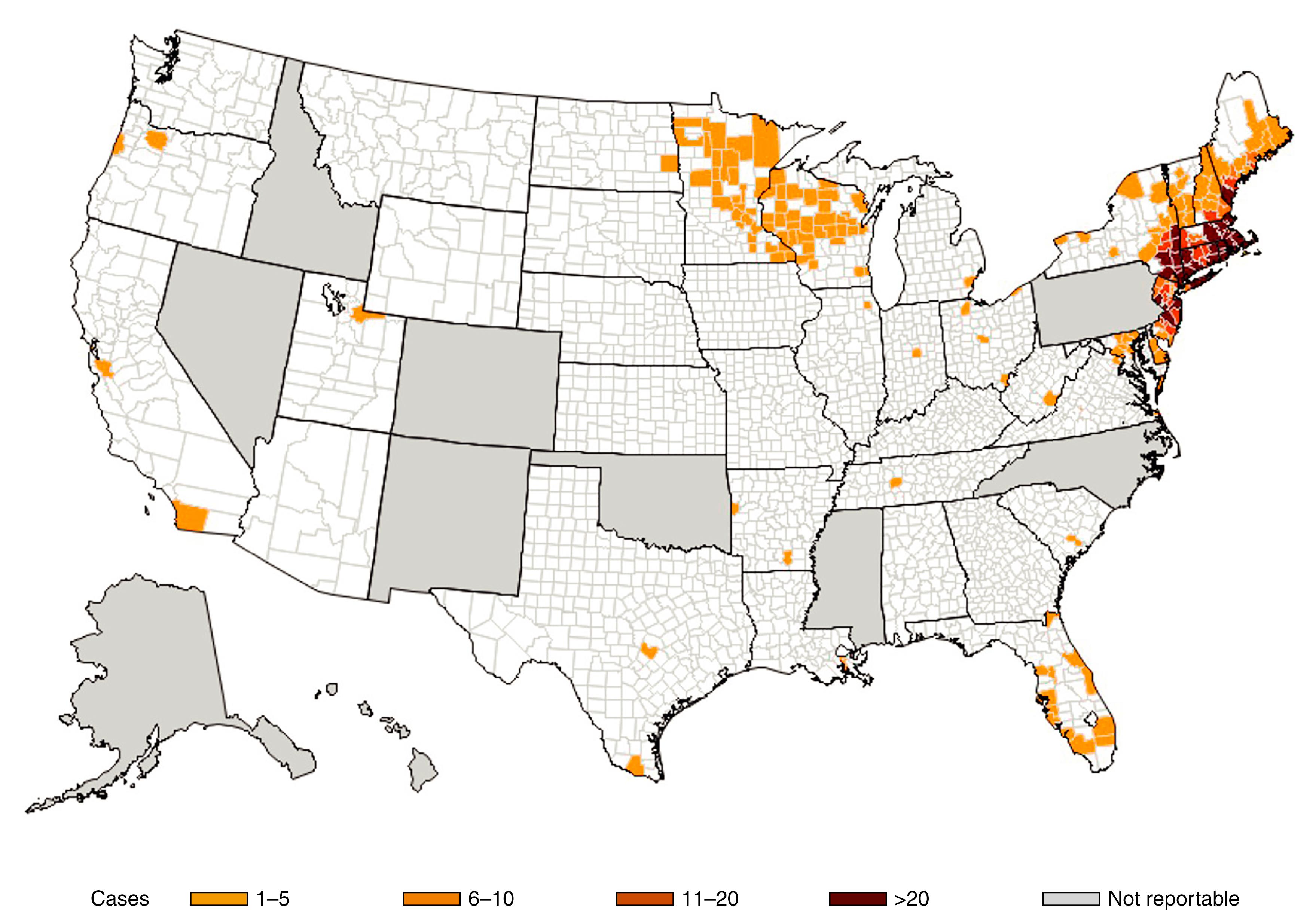 FIGURE 258.1, Number of reported cases of babesiosis by county of residence in 2018 from 40 states that required reporting.