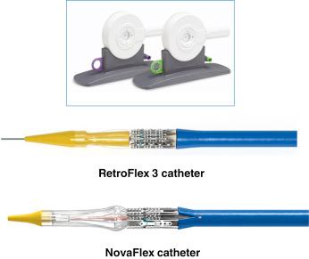 Fig. 53.4, From top to bottom: (1) The original crimping device (two sizes adapted to the 23- and 26-mm SAPIEN valves). (2) The RetroFlex 3 delivery system (SAPIEN valve). (3) The NovaFlex delivery system (SAPIEN XT valve).