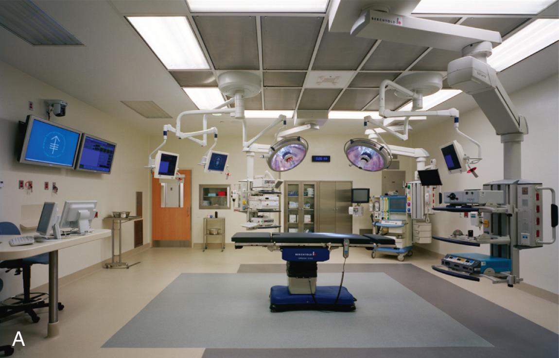 Figure 2.1, A modern operating room showing ( A ) an overview; ( B ) a “wall of knowledge” that displays surgical video images, continuous vital signs, and imaging studies ( arrow ); and ( C ) the surgical scrub area with visual access to the operating room. (Images of MS Surgery Suite from Chuck Choi, Brooklyn, NY.)