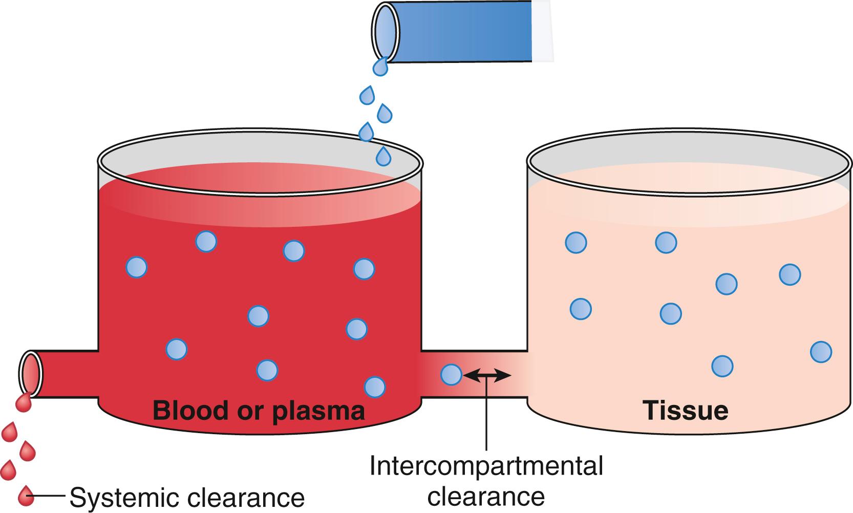 Fig. 18.6, Schematic of a two-tank model illustrating two sources of drug removal from the central tank (blood or plasma): systemic and intercompartmental clearance.