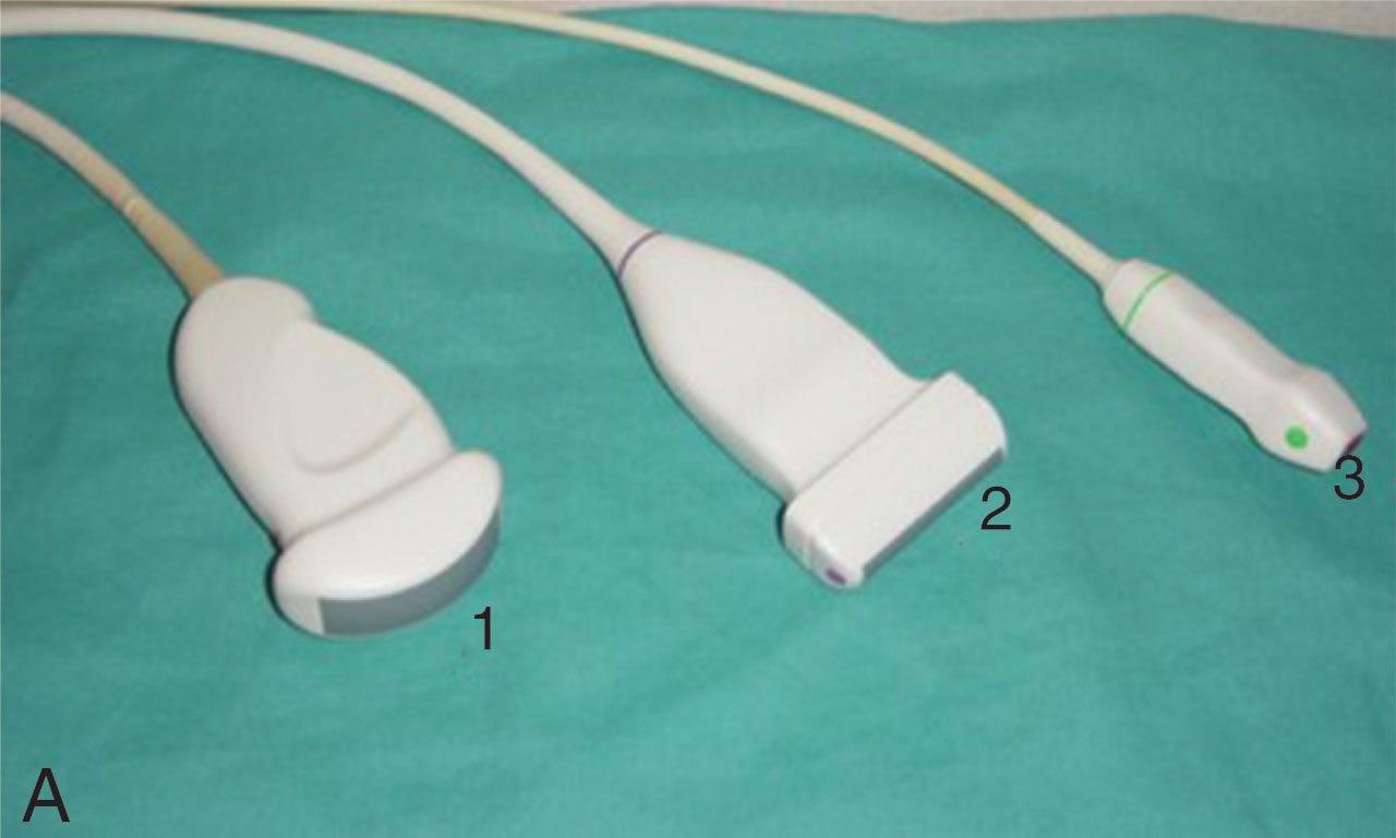 Fig 6.2, (A) Left to right : Curved array, linear array, and sector phased array transducers. (B) Diagram of the respective probes showing the transmission pattern.