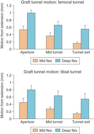 FIG 5-5, Relative motion between the tendon and bone tunnel in the femoral and tibial tunnels. Anterior cruciate ligament reconstruction was performed in five cadaveric rabbit limbs, and graft tunnel motion was measured by microcomputed tomography. Graft tunnel motion was greatest at the tunnel apertures and least at the tunnel exit in cadaveric testing. Healing of the graft was slowest at the tunnel apertures.