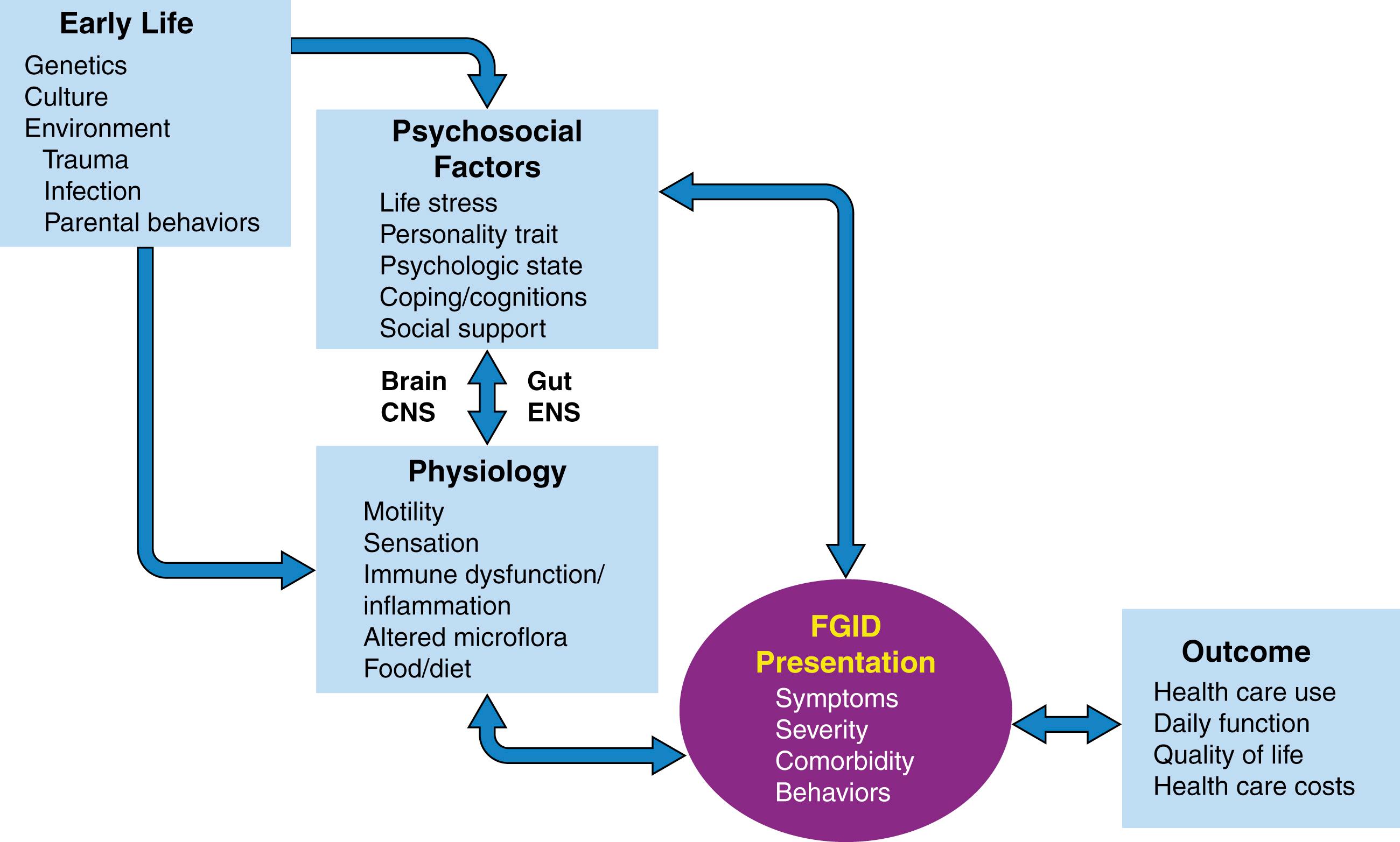 Fig. 22.2, The biopsychosocial conceptual model. Although the figure highlights functional GI diseases ( FGIDs ), it is applicable to all digestive disorders. Early life factors (e.g., genetic predisposition, early learning, cultural milieu) can influence an individual’s later psychosocial environment, physiologic functioning, and disease (pathologic) expression via reciprocal interactions within the brain-gut (CNS–enteric nervous system [ ENS ]) axis. The product of this brain-gut interaction will affect symptom experience and behavior and ultimately the clinical outcome.