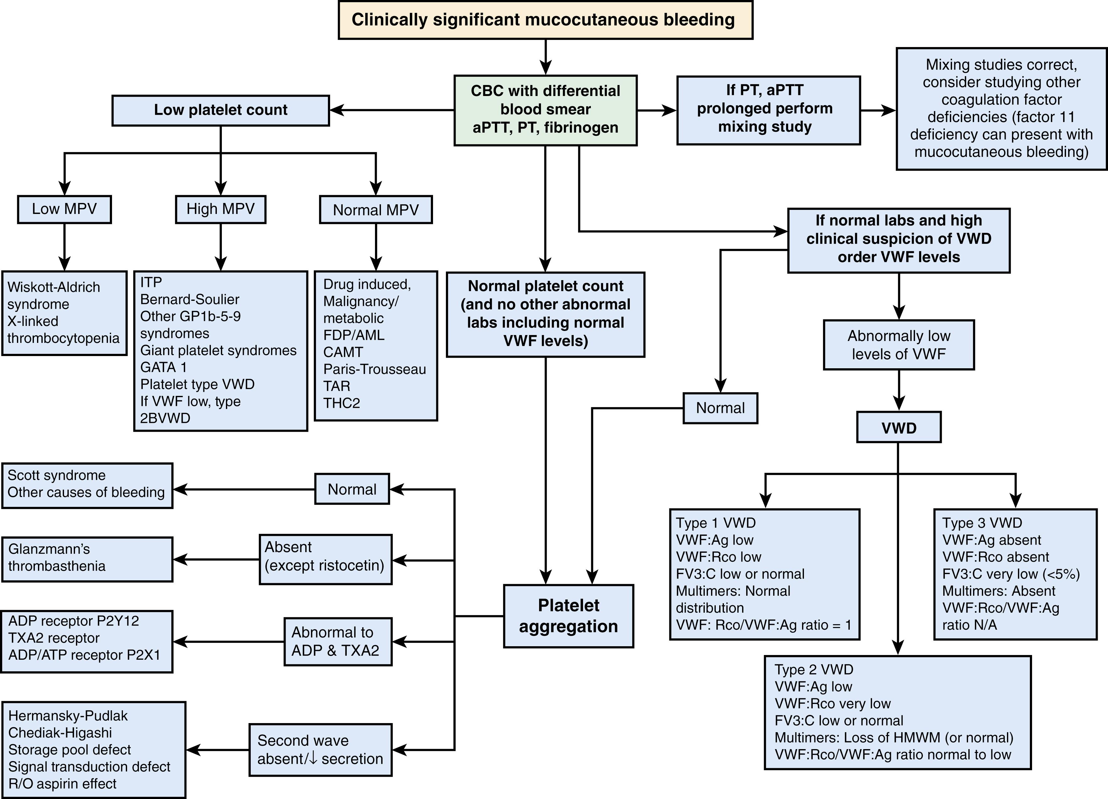 Fig. 51.5, Guide to the staged work-up of clinically significant mucocutaneous bleeding. ADP, adenosine diphosphate; Ag, antigen; aPTT, activated partial thromboplastin time; ATP, adenosine triphosphate; CAMT, congenital amegakaryocytic thrombocytopenia; FDP/AML, familial platelet disorder with predisposition to acute myelogenous leukemia; GP, glycoprotein; HMWM, high-molecular-weight multimer; ITP, immune thrombocytopenia; MPV, mean platelet volume; PT, prothrombin time; Rco, ristocetin cofactor test; R/O, rule out; TAR, thrombocytopenia with absent radii syndrome; THC2, thrombocytopenia 2; TXA2, thromboxane A2; VWD, von Willebrand disease; VWF, von Willebrand factor.