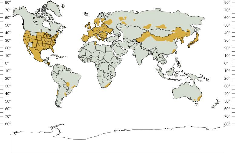 Figure 17-1, Worldwide geographic distribution of reported Lyme disease.