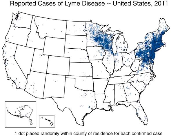 Figure 17-2, Number of cases of Lyme disease, by county in the United States, 2011.
