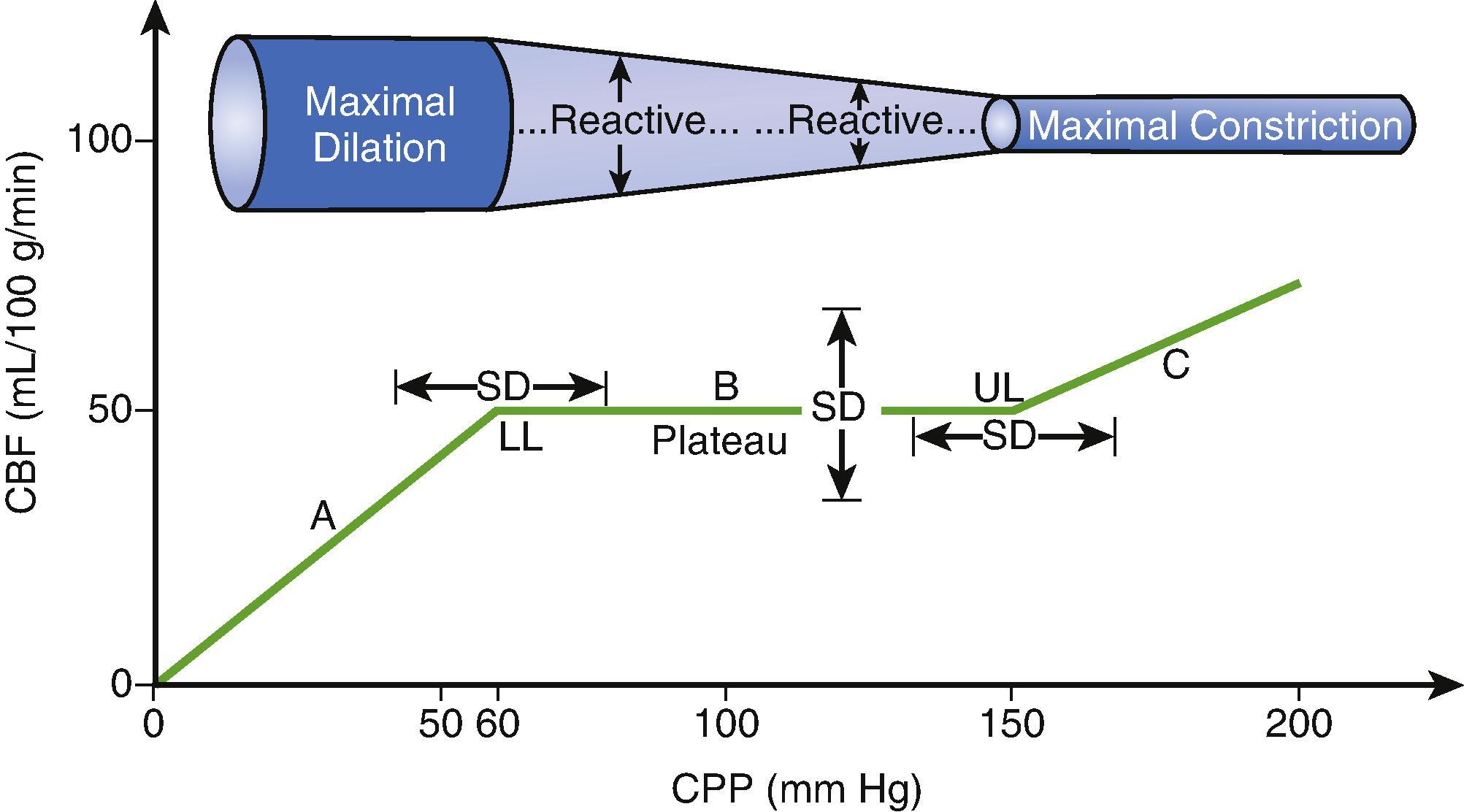 Fig. 30.2, Cerebral autoregulation describes the relationship between cerebral blood flow (CBF) and cerebral perfusion pressure ( CPP ). The three key elements of an autoregulation curve are the lower limit ( LL ), the upper limit ( UL ), and the plateau. CBF remains stable in the CPP range between the lower and upper limits and is pressure passive beyond this range. The frequently quoted numbers are the lower limit = 60 mm Hg, the upper limit = 150 mm Hg, and the plateau = 50 mL/100 g/min. However, these numbers may not be representative of all patients, and these parameters may vary, as indicated by the standard deviation ( SD ) in this illustration, especially in the context of poorly controlled hypertension. The cerebrovascular reactivity is also illustrated. (Figure 1 of Reference 1) 1