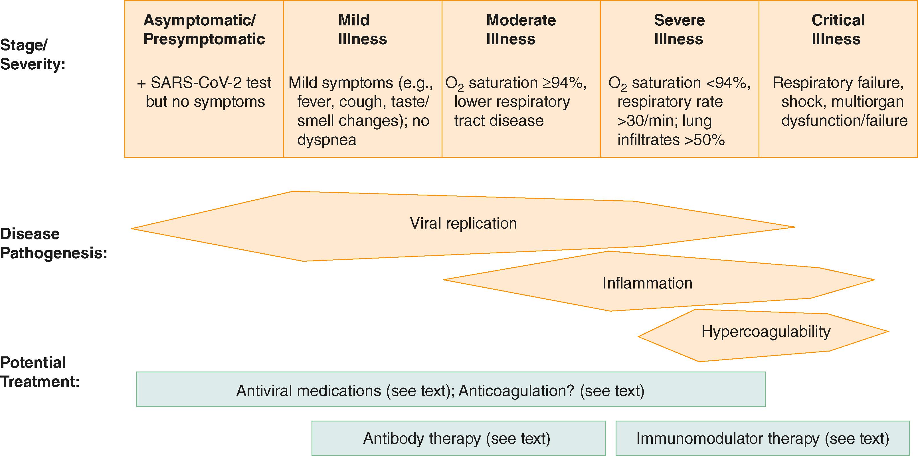 FIGURE 337-1, Disease pathogenesis and treatment across the COVID-19 disease spectrum