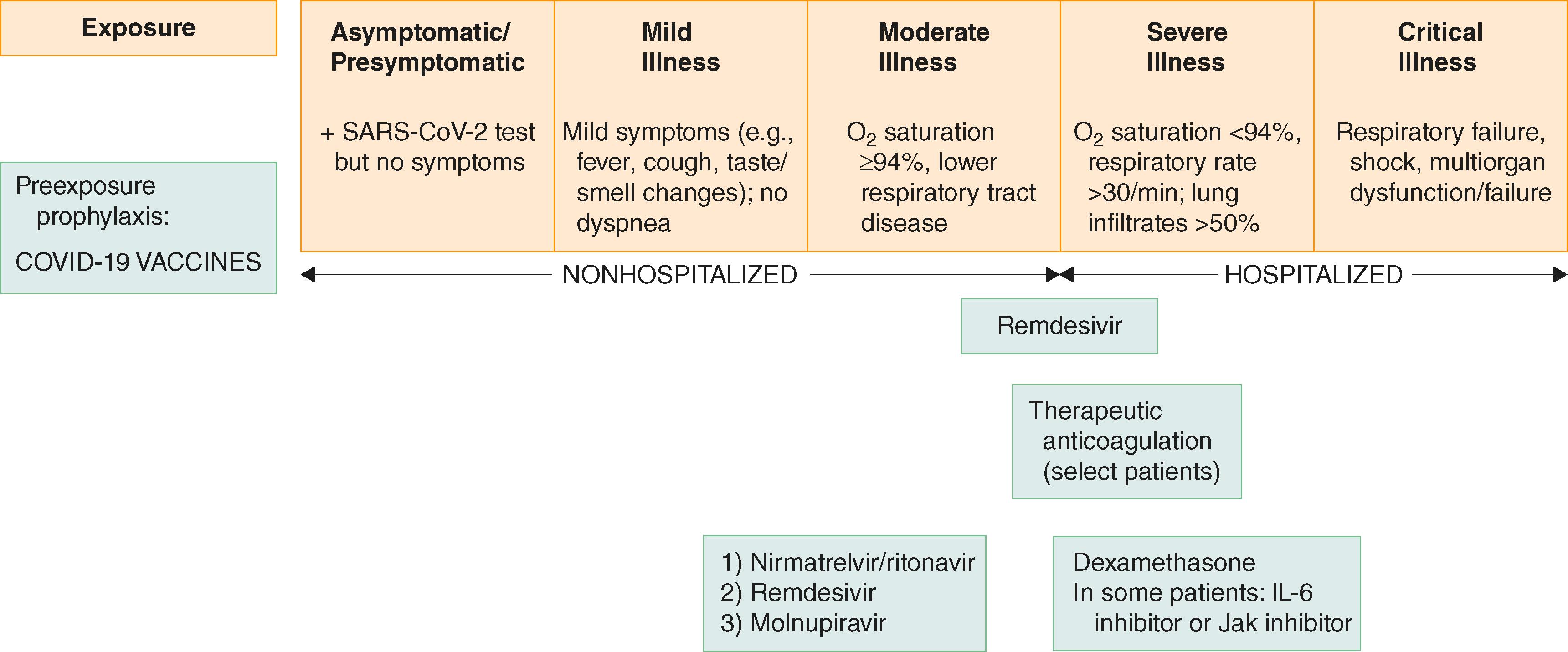 FIGURE 337-2, Approach to treatment based on severity of illness. COVID-19 = coronavirus 2019 disease; IL-6 = interleukin-6; JAK = Janus kinase; SARS-CoV-2 = severe acute respiratory syndrome coronavirus-2. (Adapted from Gandhi RT, Lynch JB, del Rio C. Mild or moderate Covid-19. N Engl J Med . 2020;383:1757-1766.)