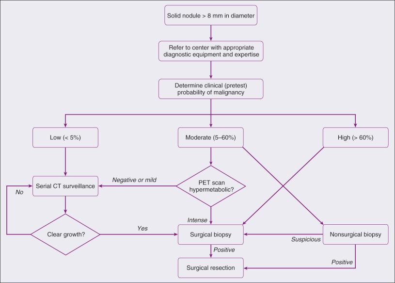 Figure 69.13, Algorithm for evaluation of a solid solitary pulmonary nodule > 8 mm in diameter in patients with an acceptable surgical risk profile.