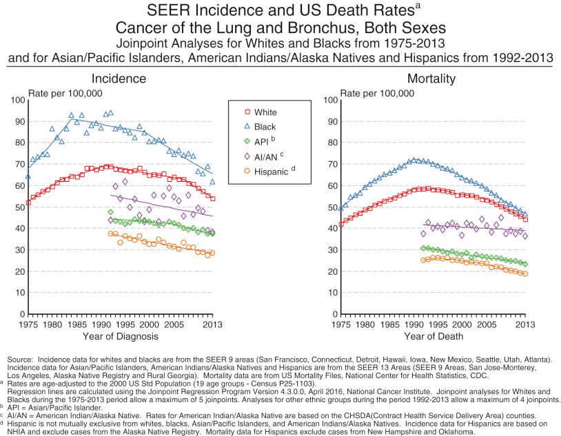 Figure 69.2, Age-adjusted SEER lung cancer incidence and mortality. CDC, Centers for Disease Control and Prevention; SEER, Surveillance, Epidemiology, and End Results Program.