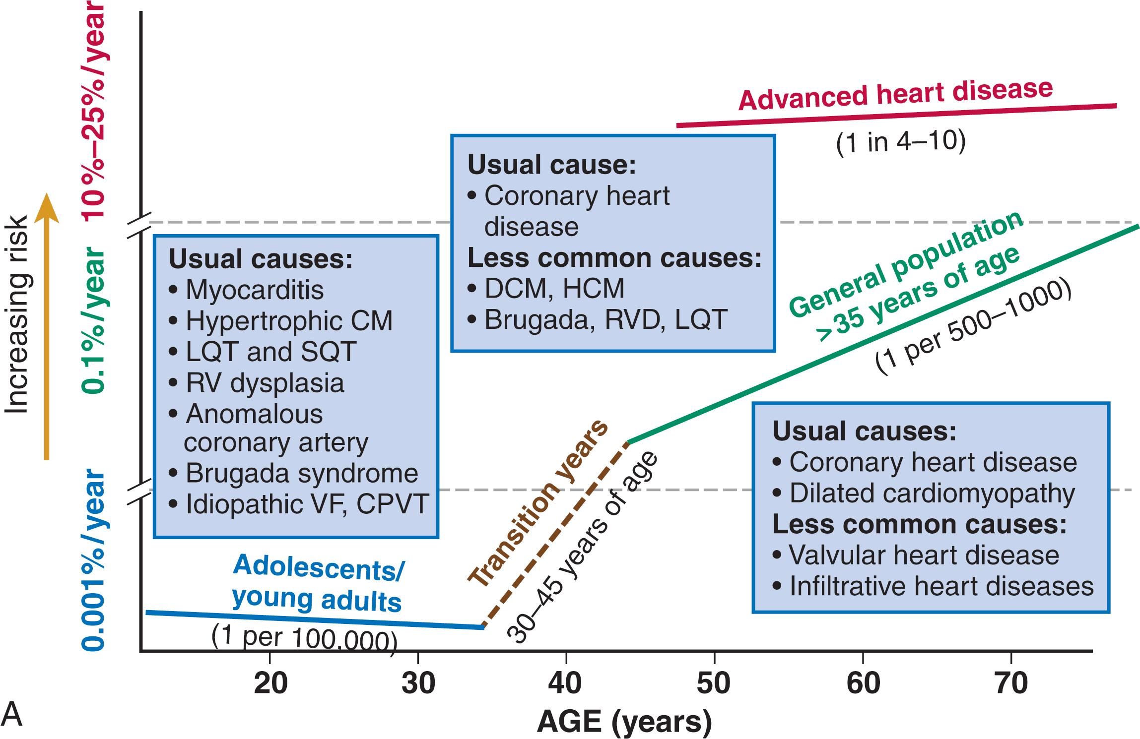 FIGURE 70.4, Age- and sex-specific risks for SCD.