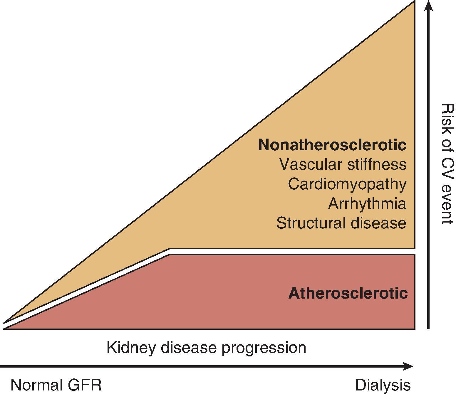 Fig. 54.4, The relative contributions of cardiovascular disease types across CKD stages. CVD mechanisms are further detailed in Table 54.1 . (Adapted from Wanner C, Amann K, Shoji T. The heart and vascular system in dialysis. Lancet 2016;388: 276–84.) CV, Cardiovascular; GFR, glomerular filtration rate.