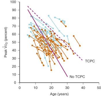 E-FIGURE 18.3, Change in peak oxygen uptake V̇ o 2 over time in individual Fontan patients according to the type of Fontan surgery. Orange circles indicate atriopulmonary or atrioventricular connections; blue circles refer to intracardiac or extracardiac total cavopulmonary connection ( TCPC ). The dashed and solid lines, respectively, indicate the average of the individual slopes of decrease of peak V̇ o 2 in patients with and without a TCPC.