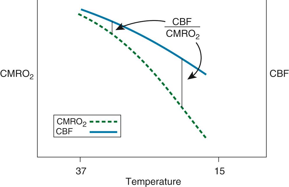 FIGURE 63-5, The effect of hypothermia on cerebral metabolic rate (CMRO 2 ) and cerebral blood flow (CBF).