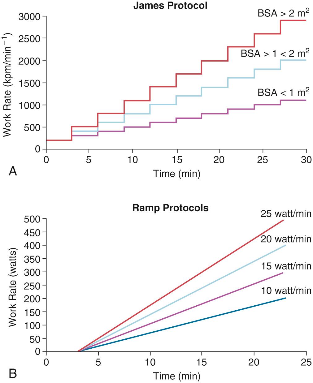Fig. 23.10, Protocols for use with an upright cycle ergometer. (A) James protocol. The initial rate of work is 200 kpm/min. The rate is increased every 3 minutes by different amounts, depending on the body surface area (BSA) of the patient. (B) Ramp protocol. The patient initially pedals for 3 minutes with unloaded cycling to establish a baseline metabolic state. The rate of work is then increased continuously at a chosen level based on the physical condition, age, and size of the patient with an aim to achieve maximal effort in 8 to 12 minutes.