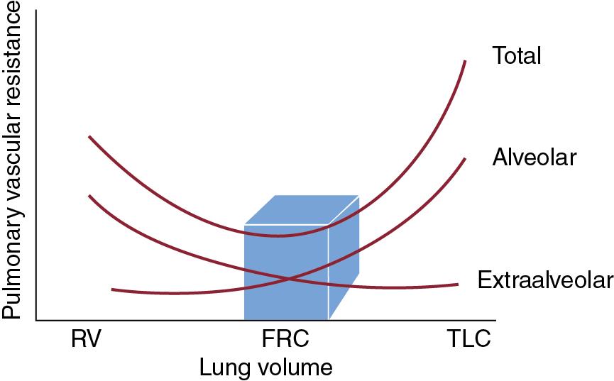 Fig. 4.3, Schematic representation of the relationship between pulmonary vascular resistance (PVR) and lung volume.