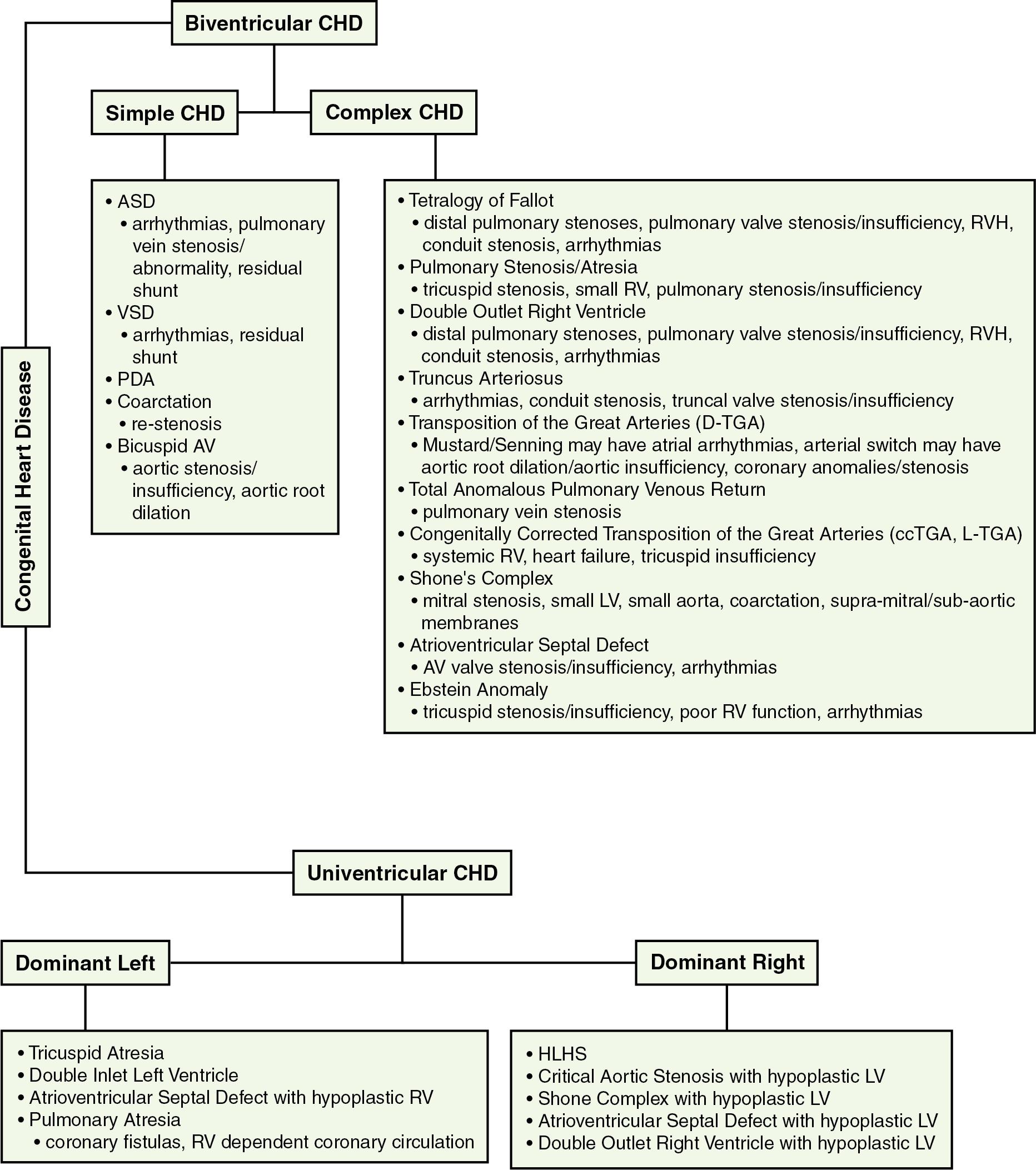 Fig. 48.2, Diagram showing common forms of both biventricular and univentricular congenital heart disease (CHD). Potential postrepair residual pathologies for biventricular defects are listed. Univentricular CHD is palliated with staged procedures, each stage with its own inherent risks. It is imperative that anesthesiologists understand the physiology of their patient in their current state.