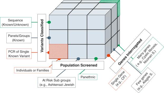 FIG. 7.1, The Rubik’s Cube has three axes. The horizontal axis represents population screened. The vertical axis represents variants classified, and the diagonal axis represents the genes interrogated. Each of the 18 cubes corresponds to a combination of points along each axis. Screening has its origin in the red striped cube (foreground bottom left) and is progressing rapidly to the green checkered cube (background top right).