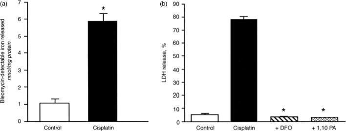 Figure 89.3, In vitro evidence suggesting a role for iron in cisplatin-induced nephrotoxicity. Panel A. Effect of cisplatin on catalytic iron released as measured by bleomycin-detectable iron in LLC-PK1 cells. Panel B. Effect of iron chelators on cisplatin-induced cytotoxicity as measured by lactate dehydrogenase (LDH) release in LLC-PK1 cells.