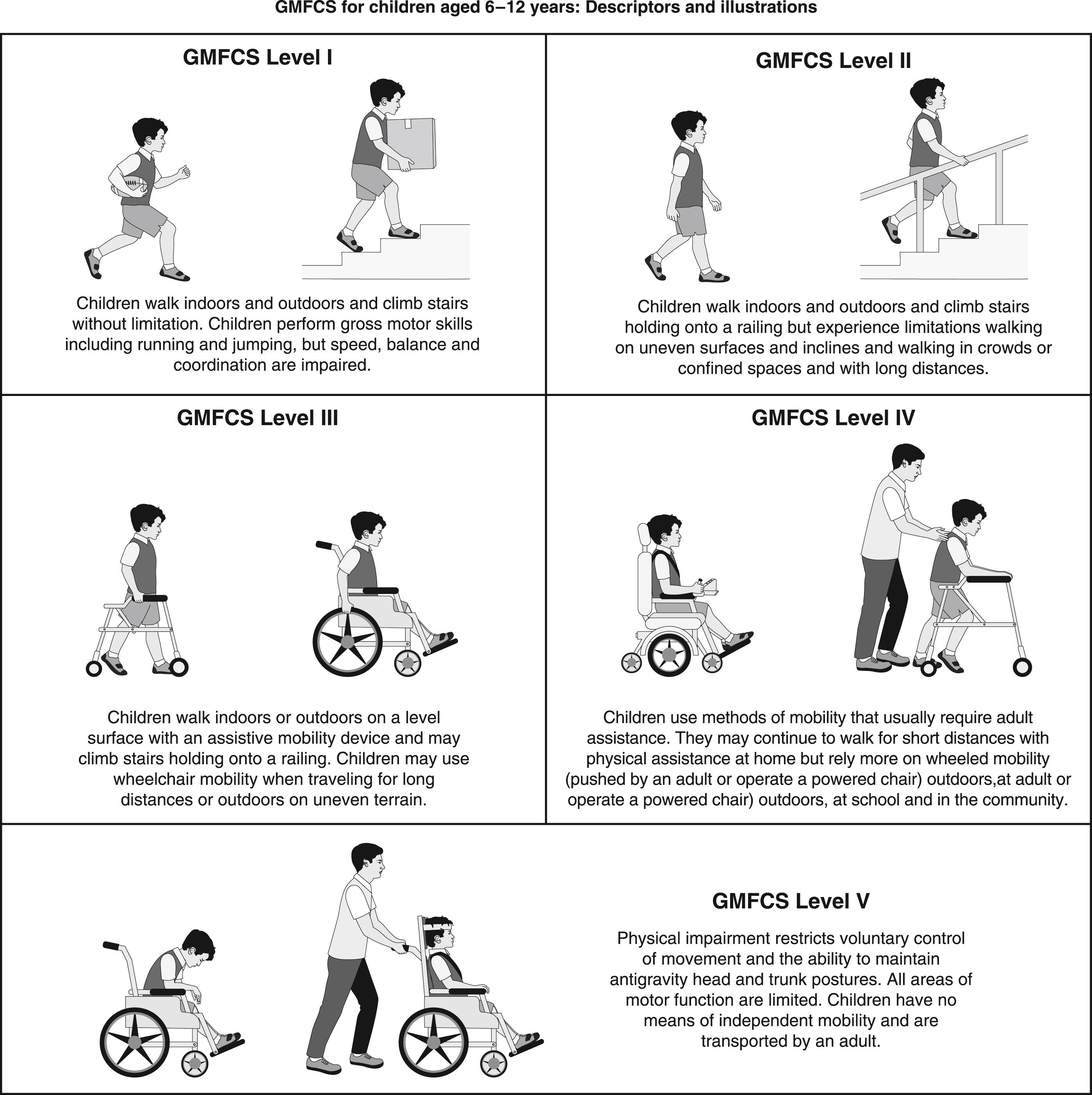 Figure 20.1, GMFCS for children aged 6–12 years. Used with permission From Elsevier Ref. 31 .