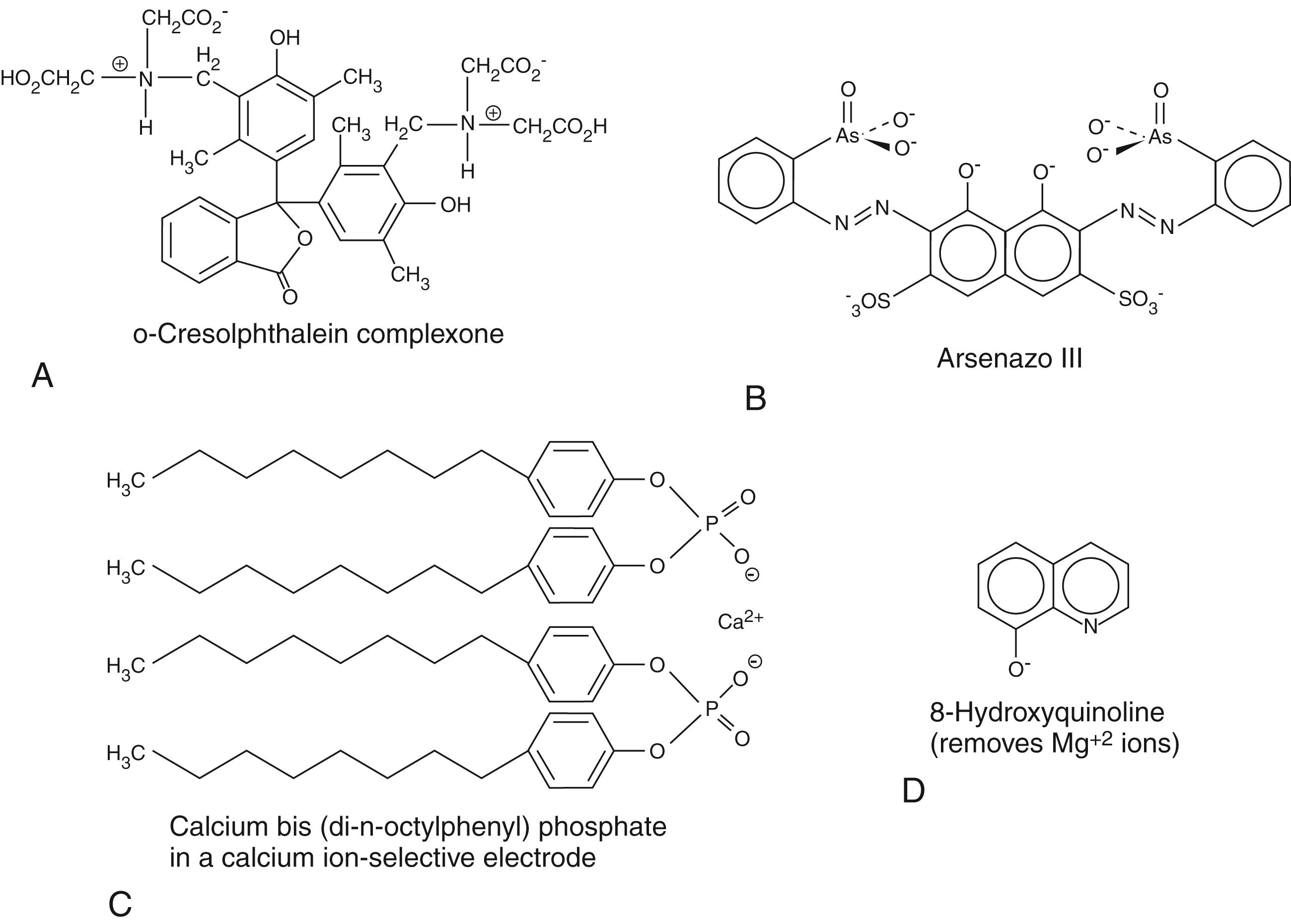 Figure 28.1, Structures of agents that bind selectively to Ca +2 ions with the exception of 8-hydroxyquinolone, which binds and precipitates Mg +2 ions.