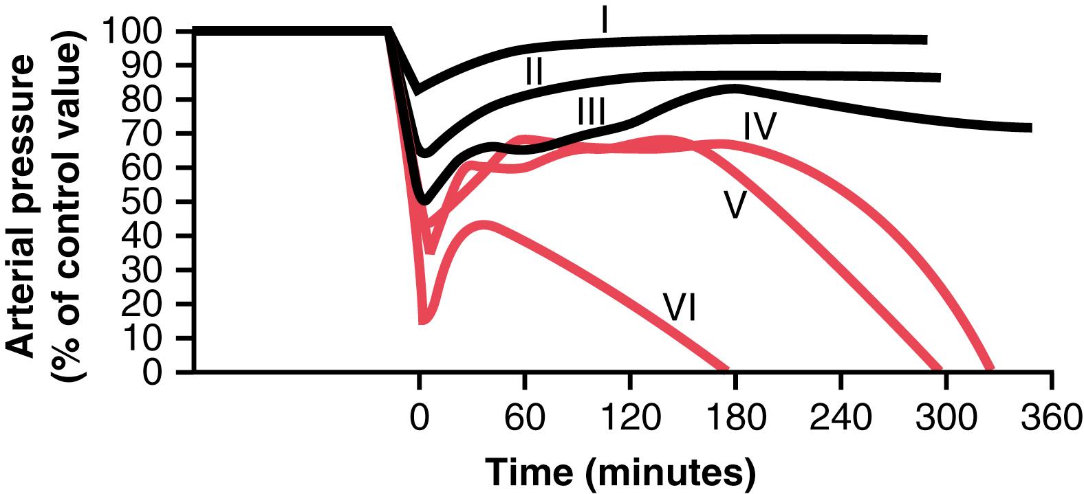 Figure 24-2, Time course of arterial pressure in dogs after different degrees of acute hemorrhage. Each curve represents average results from six dogs (curves I–VI).