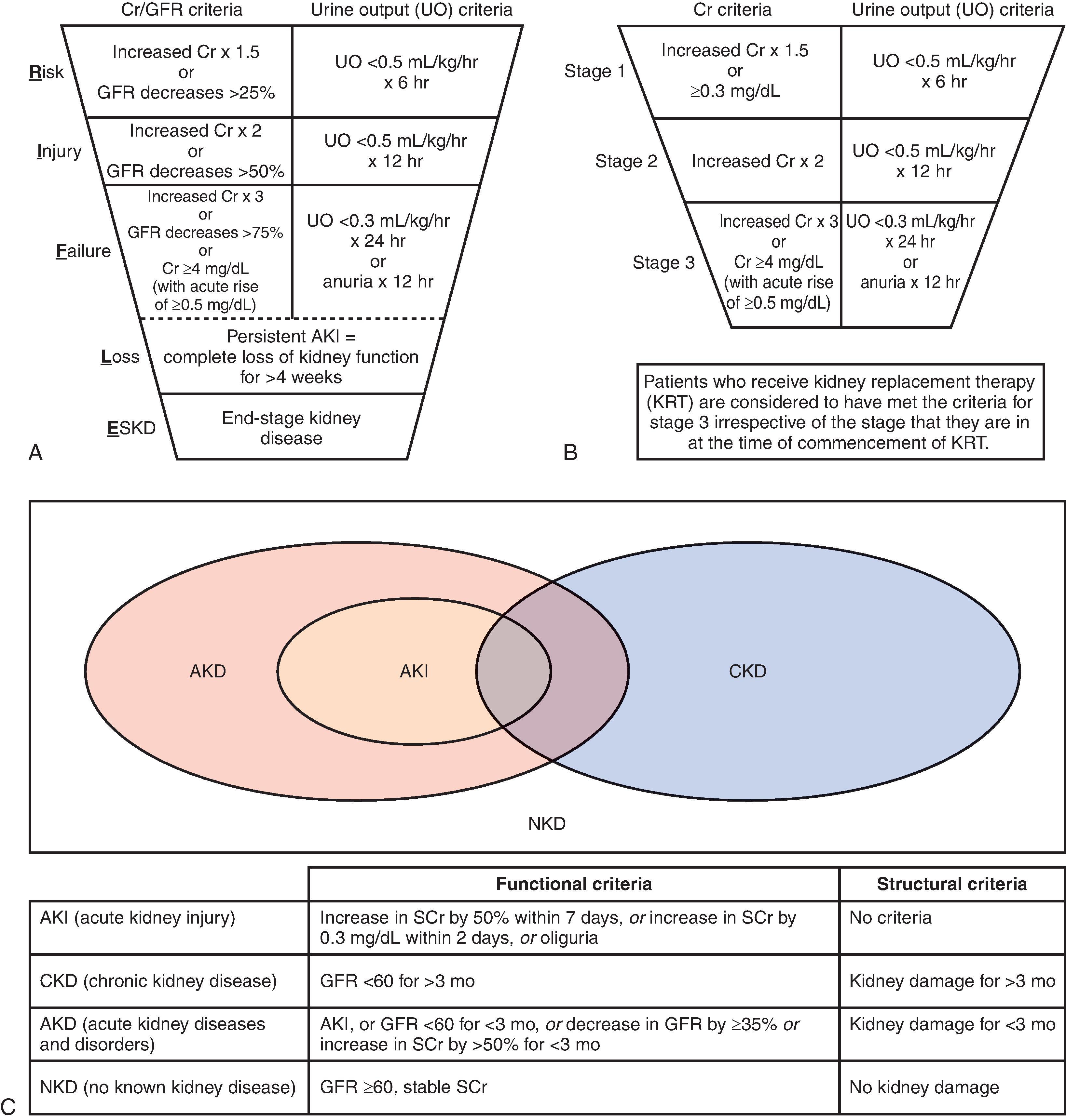 Fig. 31.1, Risk, Injury, Failure, Loss, and End-stage Kidney (RIFLE), Acute Kidney Injury Network (AKIN), and Kidney Disease: Improving Global Outcomes (KDIGO) classification systems. (A) Risk, injury, failure, loss, and end-stage kidney. (B) AKIN and KDIGO Classification Systems. The KDIGO definition has modified the serum creatinine criteria for stage 1 (minimum stage for diagnosis) to include an absolute change in serum creatinine of ≥0.3 mg/dL over 48 hours or a relative change of ≥50% over 7 days. (C) Definitions of kidney disease and their overlapping relationship. eGFR does not reflect measured GFR as accurately in AKI as in CKD. AKD, Acute kidney disease; AKI, acute kidney injury; CKD, chronic kidney disease; Cr, creatinine; eGFR, estimated glomerular filtration rate; ESKD, end-stage kidney disease; GFR, glomerular filtration rate; KRT, kidney replacement therapy; mGFR, measured glomerular filtration rate; NKD, no known kidney disease; SCr, serum creatinine; UO, urine output.