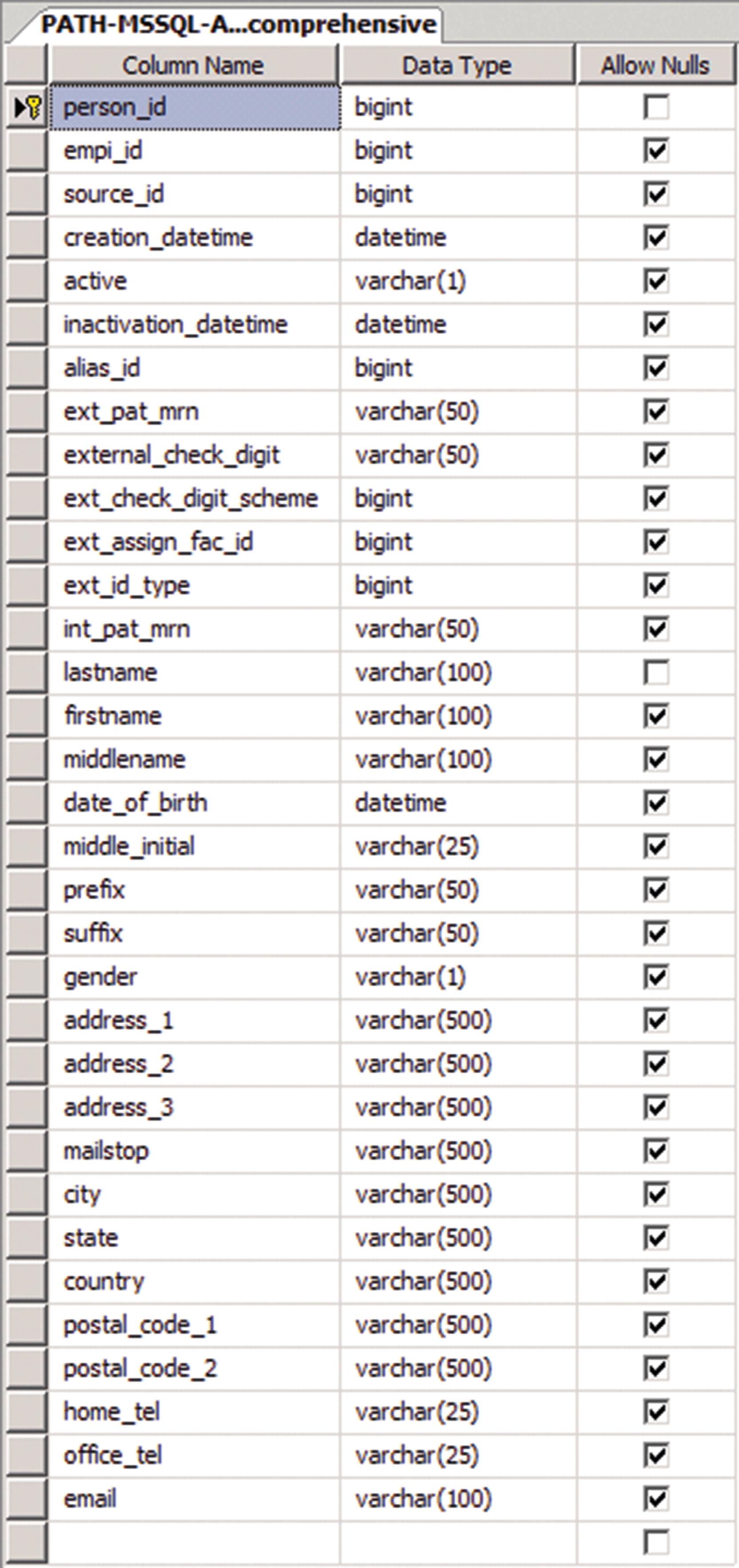 Figure 12.1, Typical table definition matrix. In this example, a patient demographics table configuration definition matrix is depicted. Primary row element attributes include the data type and whether the data element can be left blank (Allow Nulls). The primary table key is the first element (depicted by gold key at left).